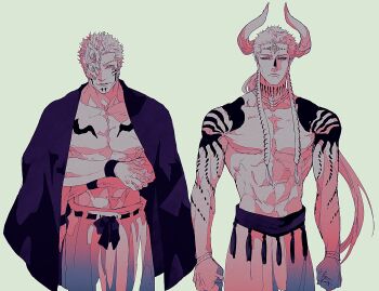 2boys abs alien arm_tattoo black_cloak broad_shoulders chest_tattoo clenched_hands cloak cowboy_shot dabura_(jujutsu_kaisen_modulo) earrings extra_arms facial_tattoo hakama highres horns japanese_clothes jewelry jujutsu_kaisen jujutsu_kaisen_modulo limited_palette long_earlobes male_focus multiple_boys muscular muscular_male neck_tattoo parted_lips pectorals ryoumen_sukuna_(jujutsu_kaisen) ryoumen_sukuna_(true_form)_(jujutsu_kaisen) shiso_i4 short_hair shoulder_tattoo simple_background simurian tassel tassel_earrings tattoo triclops