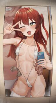 1boy 1girl ;d absurdres blush bocchi_the_rock! breasts cellphone collarbone female_pubic_hair green_eyes hair_between_eyes hetero highres holding holding_phone kita_ikuyo long_hair looking_at_mirror male_underwear mirror mirror_selfie money navel one_eye_closed one_side_up open_mouth phone prostitution pubic_hair r-man red_hair selfie slingshot_swimsuit small_breasts smartphone smile solo_focus standing sweat swimsuit teeth thighhighs tile_wall tiles topless_male underwear v white_male_underwear white_slingshot_swimsuit white_thighhighs