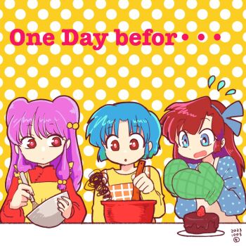 Rule 34 | 3girls, :o, alternate costume, apron, baking, blue eyes, blue hair, bowl, brown eyes, brown hair, cake, chinese clothes, chocolate cake, cooking together, double bun, flying sweatdrops, food, frilled apron, frills, fruit, gloves, hair bun, hair ornament, holding, holding bowl, kuonji ukyou, long hair, long sleeves, moitasu, multiple girls, open mouth, parted bangs, patterned background, purple hair, ranma 1/2, shampoo (ranma 1/2), shirt, short hair, smoke, spoon, standing, strawberry, tendou akane, upper body, wooden spoon, yellow shirt