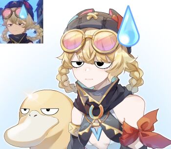 1girl bare_shoulders black_eyes black_hat blonde_hair blue_background braid breasts comedic_sweatdrop commentary gen_1_pokemon genshin_impact gradient_hair hat highres jahoda_(genshin_impact) multicolored_hair multiple_views nintendo pokemon pokemon_(creature) psyduck short_hair small_breasts symbol-only_commentary upper_body viviwi white_background