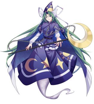 1girl absurdres blue_cape blue_capelet cape capelet chain chinese_commentary commentary_request crescent_print ghost_tail green_eyes green_hair hat highres holding holding_staff long_hair long_sleeves looking_at_viewer mima_(touhou) minuo open_mouth print_headwear smile solo staff star_(symbol) star_print sun_print touhou touhou_(pc-98) very_long_hair wizard_hat