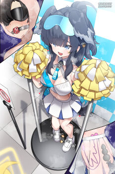 1boy absurdres anal anal_beads anal_object_insertion anal_tail animal_ears animegao ball_gag bdsm black_hair blindfold blue_archive blue_eyes bondage bound breasts butt_plug cheerleader commission cosplay covered_eyes crossdressing crossdressing_(mtf) dog_ears dog_girl dog_tail eyewear_on_head fake_tail gag gagged goggles goggles_on_head heart hibiki_(blue_archive) hibiki_(blue_archive)_(cosplay) hibiki_(cheer_squad)_(blue_archive) highres holding holding_pom_poms kigurumi large_breasts lock long_hair maguro27 male_focus millennium_cheerleader_outfit_(blue_archive) miniskirt navel object_insertion pixiv_commission pleated_skirt pom_pom_(cheerleading) pom_poms restrained sex_toy shoes skirt sneakers stationary_restraints sticker sticker_on_face tail white_skirt