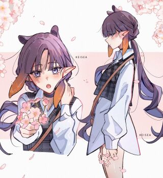 1girl absurdres alternate_costume bag collared_shirt commentary cropped_vest curtained_hair english_commentary fang flat_chest flower gradient_hair grey_vest highres holding holding_flower hololive hololive_english keisea long_hair long_shirt long_sleeves looking_at_viewer low_twintails mole mole_under_eye multicolored_hair multiple_views ninomae_ina'nis no_pants open_mouth orange_hair pointy_ears puffy_long_sleeves puffy_sleeves purple_eyes purple_hair shirt shoulder_bag sidelocks skin_fang sweater_vest tentacle_hair twintails v-neck very_long_hair vest virtual_youtuber white_shirt