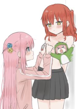 2girls absurdres arms_behind_back black_skirt blue_eyes bocchi_the_rock! breasts closed_mouth commentary_request cube_hair_ornament gotoh_hitori haco_(user_usmg5523) hair_ornament highres jacket long_hair looking_at_another measuring medium_hair multiple_girls one_side_up pink_hair pink_jacket red_hair skirt small_breasts tape_measure topless_female track_jacket yellow_eyes