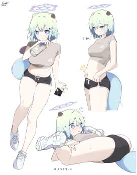 1boy 1girl absurdres alternate_costume animal_ears aqua_hair ass bare_legs belly black_shorts blue_archive bottle breasts cellphone commentary cropped_legs cropped_shirt dated dolphin_shorts doodle_sensei_(blue_archive) flying_sweatdrops grey_shirt halo highres holding holding_bottle holding_phone korean_text legs_up medium_breasts mona_kkkk multiple_views navel phone sensei_(blue_archive) shigure_(blue_archive) shirt shoes short_hair short_shorts short_sleeves shorts signature simple_background smartphone sneakers socks spread_legs stomach sweatdrop tail thigh_gap weasel_ears weasel_girl weasel_tail white_background white_socks