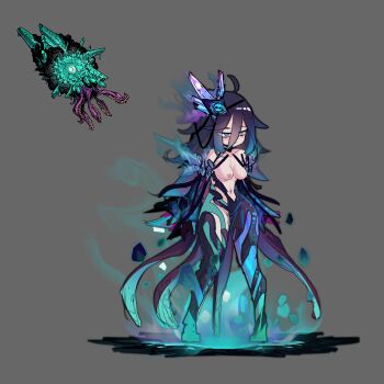 Rule 34 | 1girl, absurdres, breasts, commentary, creature and personification, darkest dungeon, english commentary, full body, grey background, hair between eyes, highres, long hair, navel, nipples, personification, purple hair, reference inset, small breasts, solo, tentacles, the sleeper (darkest dungeon), thighs, topless female, zhuma