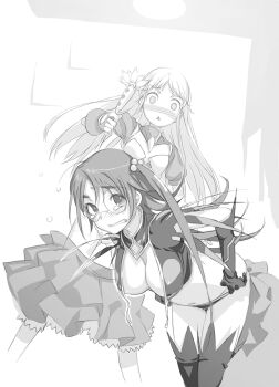 2girls blush breasts changing_clothes changing_room cleavage cosplay embarrassed female_focus flat_chest glasses gloves haimura_kiyotaka highres holding holding_wand index_(toaru_majutsu_no_index) kazakiri_hyouka kneehighs large_breasts layered_skirt loli long_hair long_sleeves looking_at_viewer magical_girl magical_powered_kanamin midriff miniskirt monochrome multiple_girls navel no_bra novel_illustration official_art pleated_skirt sexually_suggestive skirt sleeveless socks stomach tears thighhighs toaru_majutsu_no_index toaru_majutsu_no_index:_old_testament wand