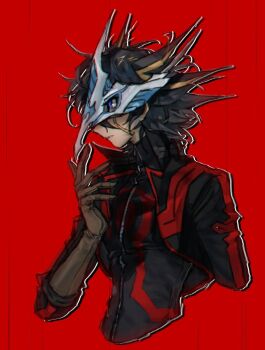 1boy bad_id bad_twitter_id black_coat black_hair black_sweater blue_eyes brown_gloves coat covered_face elbow_gloves eye_mask facial_mark facing_to_the_side fudo_yusei gloves hair_slicked_back hand_up high_contrast highres looking_ahead male_focus mask momentcorefly open_clothes open_coat popped_collar red_background red_trim spiked_hair sweater upper_body yu-gi-oh! yu-gi-oh!_5d&#039;s