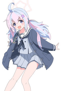 1girl :d ahoge backpack bad_tag bag bare_legs beads black_jacket black_neckerchief blue_archive blue_hair blush buttons commentary double-breasted double-parted_bangs feet_out_of_frame grey_serafuku grey_shirt grey_skirt hair_beads hair_between_eyes hair_ornament halo highres jacket long_hair long_sleeves looking_at_viewer low_twintails multicolored_hair neckerchief nyan_(float_495) open_clothes open_jacket open_mouth pink_bag pink_hair pink_halo pleated_skirt pocket purple_eyes reisa_(blue_archive) sailor_collar school_uniform serafuku shirt simple_background skirt smile smiley_face solo star_(symbol) star_hair_ornament star_halo trinity_general_school_logo twintails two-tone_hair v-shaped_eyebrows white_background white_sailor_collar