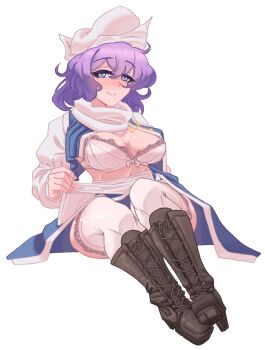 1girl apron blue_eyes blue_vest boots bow breasts commentary dated_commentary full_body hat jackyyeah knee_boots lapel_pin letty_whiterock lifting_own_clothes lingerie looking_at_viewer medium_breasts purple_hair scarf short_hair simple_background sitting smile solo touhou underwear vest white_background white_hat white_scarf