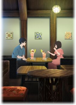 Rule 34 | 1boy, 1girl, black hair, black pants, blue shirt, bob cut, brown hair, chair, chandelier, cup, dessert, dress, food, from side, hetero, highres, holding, holding spoon, indoors, kabedon, key visual, kobato jougorou, looking at another, off-shoulder dress, off shoulder, official art, open mouth, osanai yuki, pants, parfait, promotional art, shirt, short sleeves, shoushimin series, sitting, spoon, table, wooden floor, wooden table