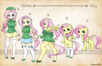1girl arrow_(symbol) artist_name bare_shoulders beret bottomless breasts colored_skin creature_and_personification cutie_mark english_text fluttershy furry furry_female furry_scale green_eyes hat highres hooves horse_girl large_breasts long_hair low-tied_long_hair multiple_views my_little_pony my_little_pony:_equestria_girls my_little_pony:_friendship_is_magic off-shoulder off-shoulder_sweater off_shoulder pegasus personification pink_hair pony_(animal) progression ribbed_sweater shepherd0821 skirt sleeveless sleeveless_turtleneck smile sweater tail thighhighs turtleneck white_thighhighs wings yellow_skin zettai_ryouiki