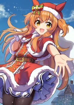 1girl absurdres blurry blurry_background breasts commentary_request hair_between_eyes hair_ornament highres ikaashi_you long_hair mayano_top_gun_(party_formation)_(umamusume) mayano_top_gun_(umamusume) official_alternate_costume orange_eyes orange_hair pantyhose petals reaching reaching_towards_viewer ribbon sack santa_costume sky small_breasts snow solo umamusume
