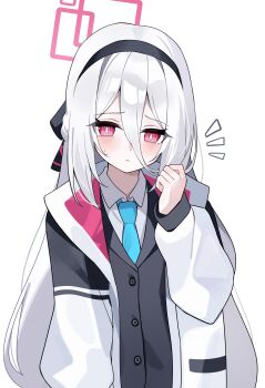 1girl absurdres black_hairband black_jacket blue_archive blue_necktie collared_shirt commentary_request hairband halo highres jacket kei_(blue_archive) kei_(new_body)_(blue_archive) long_bangs long_hair muki_c necktie open_clothes open_jacket pink_eyes pink_halo shirt simple_background solo sweatdrop white_background white_hair white_jacket white_shirt