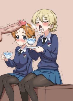 1boy 2girls black_pantyhose blue_eyes blue_skirt blue_sweater blush braid brown_background censored closed_eyes closed_mouth commentary cum cum_in_mouth cum_string cup darjeeling_(girls_und_panzer) ejaculation english_commentary erection girls_und_panzer gokkun hetero highres hippo_power holding holding_cup holding_saucer miniskirt mosaic_censoring multiple_girls nape_braid open_mouth orange_hair orange_pekoe_(girls_und_panzer) pantyhose penis pleated_skirt revision saucer school_uniform simple_background sitting skirt st._gloriana's_school_uniform sweater tea teacup tongue tongue_out