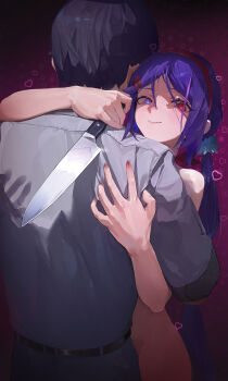 1boy 1girl absurdres berserker_r black_hair choker clothed_male_nude_female crazy_mita_(miside) facing_away hair_ornament hairband hairclip heterochromia highres holding holding_knife hug kitchen_knife knife long_hair looking_at_viewer miside mita_(miside) nude purple_eyes purple_hair red_choker red_eyes red_hairband shirt smile white_shirt yandere