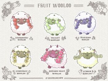 Rule 34 | :3, blue skin, blueberry, character name, colored skin, commentary request, dragon fruit, english text, flower, food, food-themed creature, fruit, gen 8 pokemon, green skin, hair flower, hair ornament, heart, highres, horns, leaf, lemon, lemon slice, looking to the side, meme, muscat, nintendo, no humans, open mouth, pink skin, pokemon, pokemon (creature), red skin, sasabunecafe, sheep, sheep horns, sideways glance, star-shaped pupils, star (symbol), starfruit, strawberry, symbol-shaped pupils, thour (meme), tongue, tusks, twitter username, white flower, wooloo, yellow eyes, yellow skin