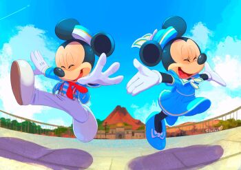 1boy 1girl animal_ears bow dress gamorangetana gloves high_heels highres looking_at_viewer mickey_mouse mickey_mouse_&amp;_friends minnie_mouse mouse_ears mouse_girl pants shirt shoes smile white_gloves