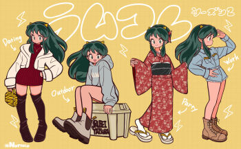 4girls alternate_costume alternate_hairstyle animal_print annoyed arm_up artist_name bag bare_legs black_footwear blue_hoodie boots bow box brown_footwear casual closed_mouth cone_horns cropped_jacket denim denim_shirt denim_shorts down_jacket dress english_text excited facing_to_the_side facing_viewer fashion floral_print floral_print_kimono formal_clothes full_body gold_necklace green_eyes green_hair hair_bun hair_up hand_on_own_hip happy holding holding_bag hood hoodie horns jacket japanese_clothes jewelry kimono leaning_back leaning_forward leaning_to_the_side lightning_bolt_symbol long_hair long_sleeves looking_at_viewer looking_to_the_side lum multiple_girls multiple_views necklace norixio on_box oni open_clothes open_jacket open_mouth pigeon-toed pointy_ears print_bag print_kimono puffy_long_sleeves puffy_sleeves red_bow red_dress red_kimono ribbed_dress sandals serious short_dress short_shorts shorts sitting sitting_on_box small_horns smile socks standing striped_horns sweater sweater_dress tabi thigh_boots thighhighs tiger_print turtleneck turtleneck_dress urusei_yatsura white_jacket white_socks wide_sleeves yellow_background yellow_bag yellow_horns zettai_ryouiki zouri