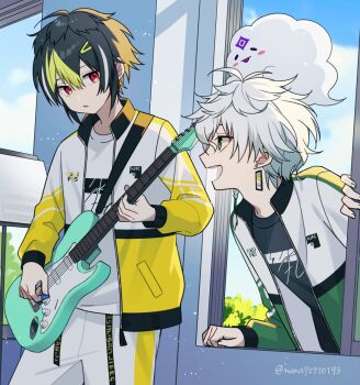 Rule 34 | 2boys, :o, blue sky, cloud, commentary, cowboy shot, green eyes, green hair, guitar, highres, holding, holding guitar, holding instrument, holding plectrum, inami rai, indoors, instrument, jacket, leaning in, long sleeves, looking at another, male focus, multicolored jacket, multiple boys, murakumo kagetsu, nana72710193, nijisanji, pants, plectrum, red eyes, shirt, short hair, sky, twitter username, two-tone jacket, upper body, virtual youtuber, watakumo (murakumo kagetsu), white hair, white jacket, white pants, white shirt, window, yellow jacket