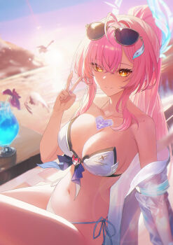 1girl absurdres aemeath_(wuthering_waves) ahoge alternate_costume bare_shoulders bikini blurry blurry_background breasts chinese_commentary cleavage closed_mouth collarbone commentary cup drinking_glass evening eyewear_on_head fingernails hair_intakes hair_ornament hand_up highres jewelry jiang_ye_kiri large_breasts long_hair looking_at_viewer mole mole_on_shoulder nail_polish navel necklace ocean off_shoulder open_clothes open_shirt orange_eyes outdoors pink_hair ponytail purple_nails shirt side-tie_bikini_bottom smile solo star-shaped_pupils star_(symbol) stomach sun sunglasses swimsuit symbol-shaped_pupils tacet_mark_(wuthering_waves) thighs white_bikini white_shirt wuthering_waves