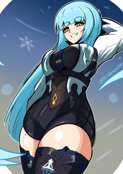 1girl absurdres blue_hair blunt_bangs bob_cut breasts commentary cosplay eiyuu_densetsu english_commentary eula_(genshin_impact) eula_(genshin_impact)_(cosplay) floating_hair genshin_impact grin highres james_(sirjames079) kuro_no_kiseki_(series) large_breasts long_hair looking_at_viewer open_mouth risette_twinings smile snowflakes solo twitter_username upper_body yellow_eyes