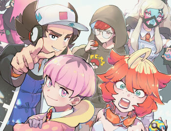 Rule 34 | 3boys, 3girls, ahoge, atticus (pokemon), black eyes, blonde hair, blue vest, bright pupils, closed mouth, collar, collared shirt, commentary request, eri (pokemon), eyelashes, freckles, giacomo (pokemon), gloves, green eyes, grin, hat, headphones, heal ball, holding, holding poke ball, hood, hood up, hoodie, jacket, looking at viewer, mela (pokemon), multiple boys, multiple girls, nintendo, nyoripoke, open clothes, open jacket, open mouth, orange collar, ortega (pokemon), penny (pokemon), pink eyes, pink hair, pointing, pointy hair, poke ball, poke ball (basic), poke ball print, pokemon, pokemon sv, quick ball, red hair, shirt, short hair, smile, team star, teeth, tongue, vest, white hat, white pupils