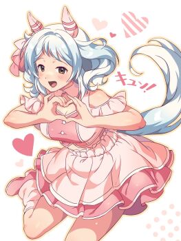 1girl animal_ears blush breasts brown_eyes cleavage clothing_cutout com_draw_ouo commentary_request cropped_shirt ear_covers grey_hair heart heart_hands highres hishi_miracle_(umamusume) horse_ears horse_girl horse_tail korean_commentary layered_skirt loose_socks medium_breasts medium_hair meni_shuki_rush-sshu! open_mouth pink_shirt pink_shoes pink_skirt pink_socks shirt shoes shoulder_cutout skirt smile socks solo tail umamusume