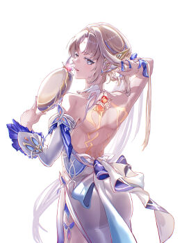 1girl absurdres arm_behind_head back backless_dress backless_outfit bare_shoulders blonde_hair blue_eyes commentary_request cross-shaped_pupils detached_sleeves dress from_behind fusyo_fuka genshin_impact hand_in_own_hair hat highres holding holding_unworn_clothes holding_unworn_hat long_hair long_sleeves looking_at_viewer looking_back nicole_reeyn parted_bangs parted_lips simple_background solo symbol-shaped_pupils unworn_hat unworn_headwear very_long_hair white_background white_dress white_sleeves