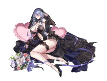 1girl alpha_transparency black_dress black_shoes black_sleeves black_veil blue_flower blue_rose blush bouquet breasts cleavage clothing_cutout counter:side detached_sleeves dress flower frilled_pillow frills garter_straps halter_dress halterneck hand_up heart heart-shaped_pillow high_heels large_breasts legs long_hair looking_at_viewer navel navel_cutout nose_blush official_alternate_costume official_art pillow pink_eyes pink_flower pink_pillow pink_rose purple_hair revealing_clothes rose shoes sideboob simple_background sitting solo swan_claire thighs transparent_background veil white_flower white_rose yokozuwari