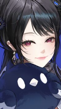 1girl absurdres black_hair black_horns black_scarf blue_background closed_mouth earrings highres hololive hololive_english horns jailbird_(nerissa_ravencroft) jewelry looking_at_viewer mole mole_under_eye nerissa_ravencroft nerissa_ravencroft_(casual) official_alternate_costume purple_eyes scarf thekaiyip virtual_youtuber