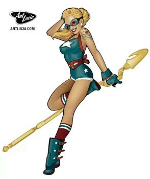1girl blonde_hair bombshells boots courtney_whitmore dc_comics earrings full_body goggles jewelry ponytail red_legwear romper shorts simple_background smile socks staff star_(symbol) star_earrings star_print stargirl striped_edge tattoo teeth victory_rolls white_background