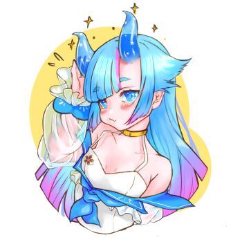 1girl absurdres azur_lane blue_eyes blue_hair blue_horns blue_sailor_collar blush breasts closed_mouth collarbone cropped_torso fang hand_on_own_horn hand_up highres horns i-13_(azur_lane) long_hair looking_at_viewer mai_kitakami_1 multicolored_hair one-piece_swimsuit purple_hair purple_streaks sailor_collar sakura_empire_(emblem) simple_background skin_fang small_breasts solo sparkle streaked_hair swimsuit white_background white_one-piece_swimsuit