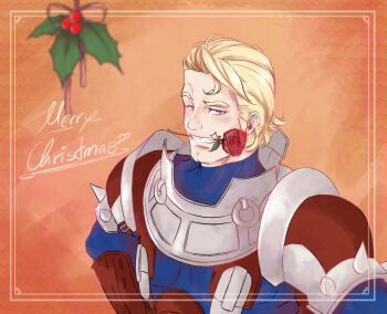 1boy arthur_(fire_emblem_fates) blonde_hair blue_eyes christmas commentary english_commentary fire_emblem fire_emblem_fates flower flower_in_mouth lithety male_focus merry_christmas muscular muscular_male nintendo rose