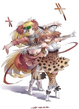2girls animal_ears animal_print bird_tail bird_wings black_hair blonde_hair blush bow bowtie breasts dancing elbow_gloves extra_ears gloves greater_bird-of-paradise_(kemono_friends) green_hair grey_hair head_wings kemono_friends kemono_friends_3 long_hair medium_breasts midriff multicolored_hair multiple_girls navel nyororiso_(muyaa) open_mouth print_bow print_bowtie serval_(kemono_friends) shirt short_hair skirt sleeveless sleeveless_shirt smile tail thighhighs wings yellow_eyes