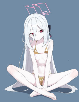 1girl absurdres barefoot bikini blue_archive blue_background flat_chest gold_bikini grey_hair hair_between_eyes halo highres indian_style kei_(blue_archive) kei_(new_body)_(blue_archive) loli long_hair micro_bikini navel pale_skin pink_halo red_eyes ribs shenqi_xiaohuang simple_background sitting swimsuit very_long_hair