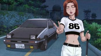 1girl brown_eyes brown_hair brown_shoes car fujiwara_takumi&#039;s_toyota_trueno_ae86 head_tilt initial_d license_plate looking_at_viewer motor_vehicle peace pleated_skirt race_queen school_uniform shadow shirt shoes skirt solo standing toyota toyota_sprinter_trueno uehara_mika vehicle_focus white_shirt white_skirt