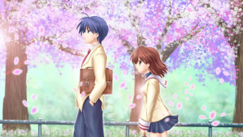 Rule 34 | 1boy, 1girl, ahoge, antenna hair, black hair, black pants, black skirt, briefcase, brown eyes, brown hair, clannad, closed mouth, collared shirt, commentary, cowboy shot, day, expressionless, falling petals, from side, furukawa nagisa, hand in pocket, height difference, highres, jacket, long sleeves, looking ahead, looking at another, necktie, okazaki tomoya, pants, petals, pleated skirt, profile, railing, red necktie, sailor collar, school briefcase, school uniform, serafuku, shikkoku no hitomi, shirt, short hair, skirt, spring (season), tree, walking, white sailor collar, white shirt, wind, yellow jacket, yellow shirt