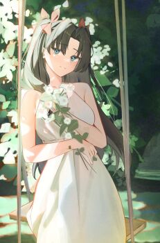 1girl absurdres bare_arms black_hair blue_eyes closed_mouth commentary_request cowboy_shot dress fate/stay_night fate_(series) flower hair_ribbon highres kisaragirin0719 long_hair looking_at_viewer ribbon sleeveless sleeveless_dress solo sundress tohsaka_rin very_long_hair white_dress white_flower