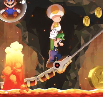 3boys blue_eyes blue_overalls brown_hair brown_shoes bubble carrying carrying_person coin facial_hair full_body gloves green_hat green_shirt hat highres lava luigi male_focus mario mario_(series) multiple_boys mustache new_super_mario_bros._wii nintendo overalls red_hat red_shirt sasaki_sakiko shirt shoes short_hair standing star_coin_(mario) twitter_username white_gloves yellow_toad_(mario)
