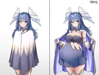 1girl absurdres blue_eyes breasts cleavage cloak closed_mouth covered_navel detached_sleeves dress gradient_background grey_background head_wings highres jarckius large_breasts long_hair melia_antiqua nervous open_cloak open_clothes pregnant short_dress smile taut_clothes white_background wings xenoblade_chronicles_(series) xenoblade_chronicles_3