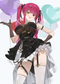 1girl balloon black_gloves black_ribbon black_skirt blunt_bangs breasts cleavage_cutout clothing_cutout commentary frilled_skirt frills gloves hair_ribbon hand_on_own_hip hand_up heart_balloon heart_cutout heterochromia highres hololive houshou_marine houshou_marine_(ahoy!!_you're_all_pirates) koyo2023 large_breasts layered_skirt legwear_garter long_hair looking_at_viewer miniskirt o-ring o-ring_thigh_strap official_alternate_costume official_alternate_hairstyle open_mouth overskirt red_eyes red_hair ribbon sidelocks skirt solo teeth thigh_strap thighhighs twintails underboob_cutout untranslatable_commentary upper_teeth_only very_long_hair virtual_youtuber white_skirt white_thighhighs yellow_eyes