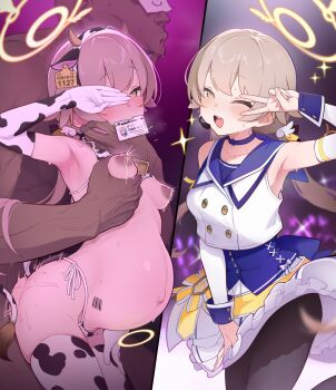 1boy 1girl animal_ear_hairband animal_ears animal_print armpits ashiba barcode barcode_tattoo bell bikini black_pantyhose blue_archive blue_choker blue_corset blush breasts brown_hair choker clothed_sex corset covering_one_eye cow_ear_hairband cow_ears cow_horns cow_print cow_print_bikini cow_print_gloves cow_print_thighhighs cow_tail cowbell dark-skinned_male dark_skin doodle_sensei_(blue_archive) ear_tag elbow_gloves fake_animal_ears fake_horns gloves grabbing_another&#039;s_breast groping hairband halo happy_sex heart hetero hifumi_(blue_archive) highres horns id_card idol idol_clothes lactation mischievous_straight_uniform_(blue_archive) mouth_hold navel neck_bell nipples official_alternate_costume one_eye_closed open_mouth pantyhose pregnancy_halo pregnant print_bikini print_gloves print_thighhighs pubic_hair sensei_(blue_archive) sex sex_from_behind small_breasts smile stage stray_pubic_hair sweat swimsuit tail tattoo thighhighs v variant_set wink