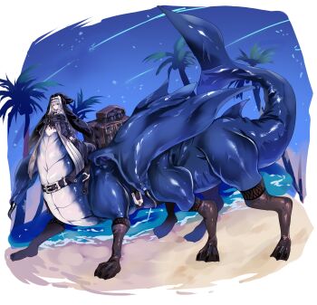 1girl absurdres arknights beach belt black_pantyhose breasts centaur centauroid flippers grey_hair highres jewelry long_hair long_sleeves looking_at_viewer mermaid midriff monster_girl navel neoz_(jjfk8828) night night_sky nun outdoors palm_tree pantyhose puffy_sleeves red_eyes sky smile specter_(arknights) tail taur tree umitsuki water wavy_hair wings