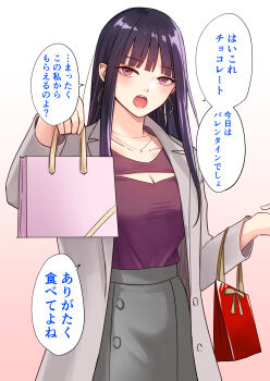 1girl bag belt blunt_bangs breasts brown_hair cleavage cleavage_cutout clothing_cutout coat earrings flustered gift_bag highres hoop_earrings jewelry k_sanjo long_hair looking_at_viewer open_clothes open_coat open_mouth original purple_eyes purple_hair shirt shorts skirt speech_bubble translation_request