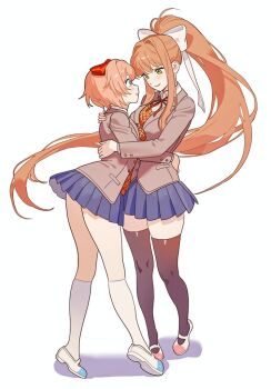 2girls black_thighhighs blazer blue_skirt bow brown_jacket closed_mouth commentary_request doki_doki_literature_club doki_doki_literature_club_school_uniform eye_contact full_body green_eyes hair_bow jacket kneehighs korean_commentary light_smile long_hair long_sleeves looking_at_another monika_(doki_doki_literature_club) multiple_girls neck_ribbon orange_hair parted_lips pleated_skirt ponytail red_bow red_ribbon ribbon sayori_(doki_doki_literature_club) school_uniform shoes short_hair simple_background skirt socks standing thighhighs thighs uwabaki very_long_hair white_background white_bow white_socks yuna_4568 yuri zettai_ryouiki
