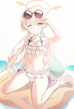 1girl ;d ball barefoot beachball bikini black-framed_eyewear blonde_hair blue_archive blush collarbone commentary eyewear_on_head frilled_bikini frills full_body halo hifumi_(blue_archive) hifumi_(swimsuit)_(blue_archive) highleg highres infinity_(kkx132) long_hair low_twintails navel one_eye_closed open_mouth sand sandals shoes smile solo stomach sunglasses swimsuit twintails water white_background white_bikini white_shoes yellow_eyes yellow_halo