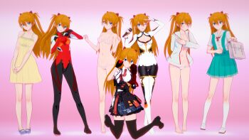 1girl 3d absurdres alternate_costume artist_request bag bikini blue_eyes blush bodysuit breasts brown_hair dress evangelion:_3.0_you_can_(not)_redo full_body gloves highres honkai_(series) honkai_impact_3rd kneeling long_hair looking_at_viewer mecha_pilot_suit multiple_views neon_genesis_evangelion one_eye_closed panties pink_background pink_bikini plugsuit_(evangelion) rebuild_of_evangelion red_bodysuit reference_sheet school_bag school_uniform side-tie_panties simple_background skirt smile souryuu_asuka_langley standing sweat swimsuit twintails underwear unworn_skirt wide_hips wink yellow_dress