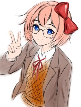 Rule 34 | 1girl, bespectacled, black-framed eyewear, blue eyes, bow, bright pupils, brown jacket, closed mouth, commentary request, doki doki literature club, doki doki literature club school uniform, eyelashes, from above, glasses, hair bow, hair intakes, jacket, long sleeves, mitsuju shok, neck ribbon, open clothes, open jacket, orange sweater vest, pink hair, red bow, red ribbon, ribbon, sayori (doki doki literature club), school uniform, shirt, short hair, simple background, smile, solo, sweater vest, v, white background, white pupils, white shirt
