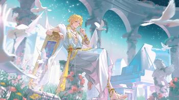 1boy ;) absurdres ancient_greek_clothes angel_statue anklet aqua_gemstone arcade_(architecture) arch architecture arm_rest arm_tattoo barefoot barefoot_sandals_(jewelry) beads bird blonde_hair blue_eyes blue_sky body_chain bracelet bracer brooch building chinese_commentary closed_mouth clothes_grab collarbone constellation curtained_hair dove earrings flower full_body gem gold_bracelet gold_bracer gold_choker gold_earrings gold_necklace grand_piano grass greco-roman_architecture greco-roman_clothes guest_art hand_up highres instrument jewelry lars_rorschach leo_(constellation) looking_at_viewer lovebrush_chronicles male_focus medallion motion_blur mouth_hold multiple_bracelets multiple_rings necklace one_eye_closed painting_(object) parted_bangs pectoral_cleavage pectorals piano piano_bench picture_frame pillar pink_flower pink_rose plant plunging_neckline red_gemstone ring robe rose sash sheet_music short_hair short_sleeves sideways_glance sitting sky smile solo star_(sky) starry_sky statue sun_earrings sun_necklace sun_symbol tattoo toned toned_male vines waist_sash white_robe yellow_flower yellow_sash yiy1123